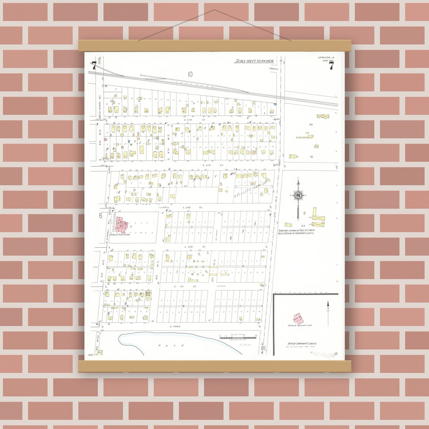 Old map wall art mockup — magnetic wood frame on brick wall — Sanborn Fire Insurance Map from Spencer, Clay County, Iowa (1941), Sheet #0007