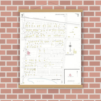 Old map wall art mockup — magnetic wood frame on brick wall — Sanborn Fire Insurance Map from Spencer, Clay County, Iowa (1941), Sheet #0007