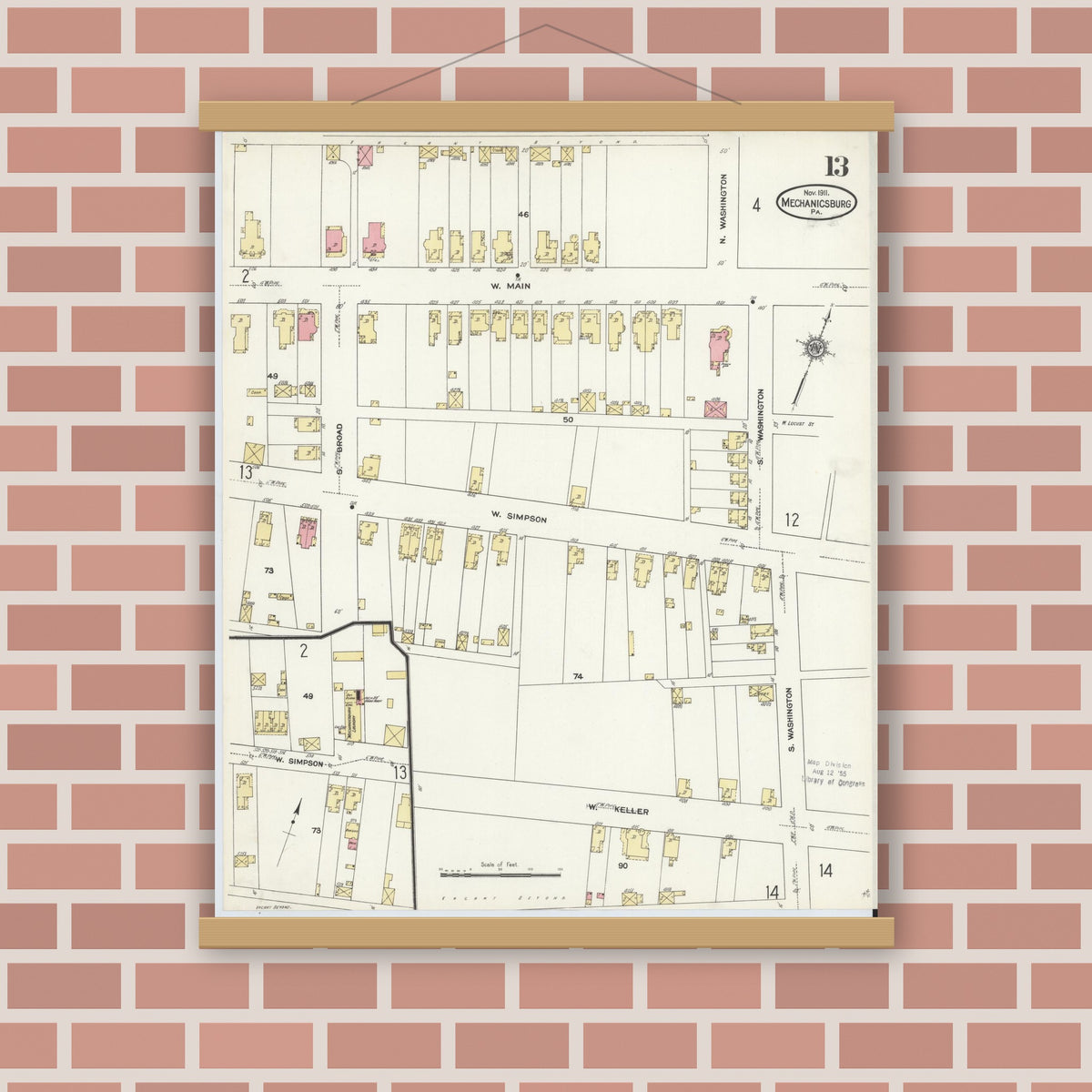 Old map wall art mockup — magnetic wood frame on brick wall — Sanborn Fire Insurance Map from Mechanicsburg, Cumberland County, Pennsylvania (1911), Sheet #0013