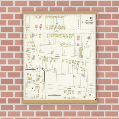 Old map wall art mockup — magnetic wood frame on brick wall — Sanborn Fire Insurance Map from Mechanicsburg, Cumberland County, Pennsylvania (1911), Sheet #0013