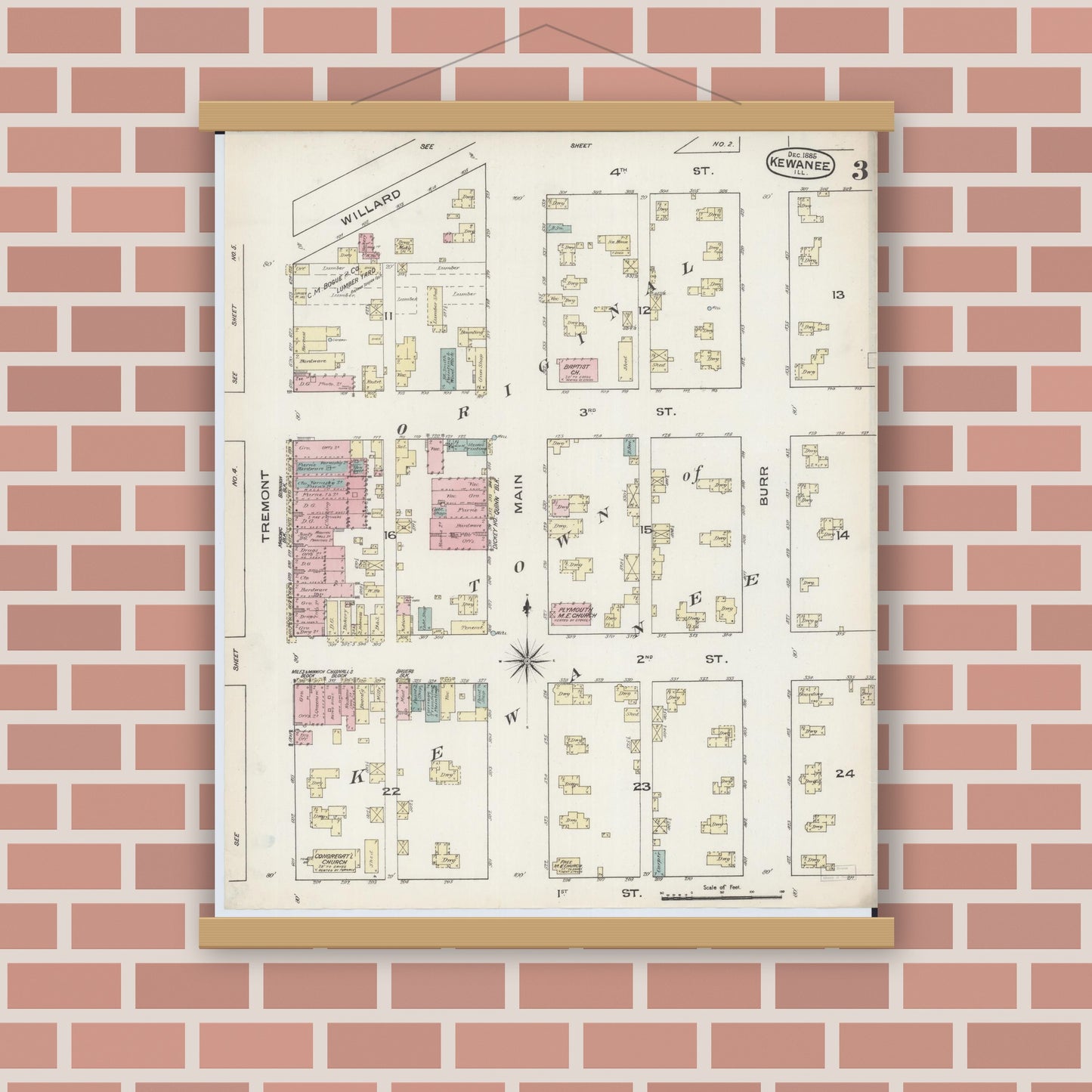 Old map wall art mockup — magnetic wood frame on brick wall — Sanborn Fire Insurance Map from Kewanee, Henry County, Illinois (1885), Sheet #0003