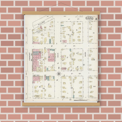 Old map wall art mockup — magnetic wood frame on brick wall — Sanborn Fire Insurance Map from Kewanee, Henry County, Illinois (1885), Sheet #0003