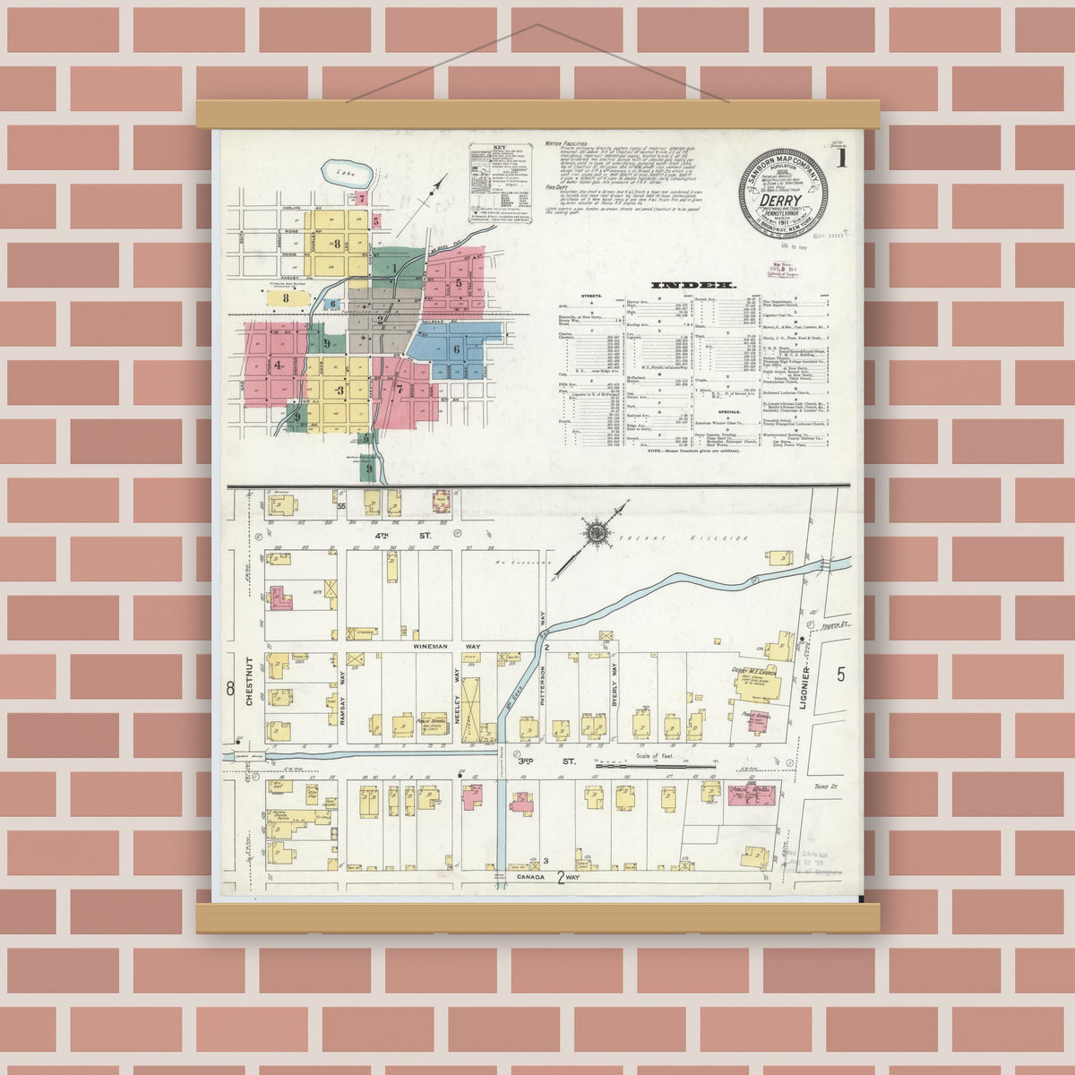 Old map wall art mockup — magnetic wood frame on brick wall — Sanborn Fire Insurance Map from Derry, Westmoreland County, Pennsylvania (1911) - Complete Map Set