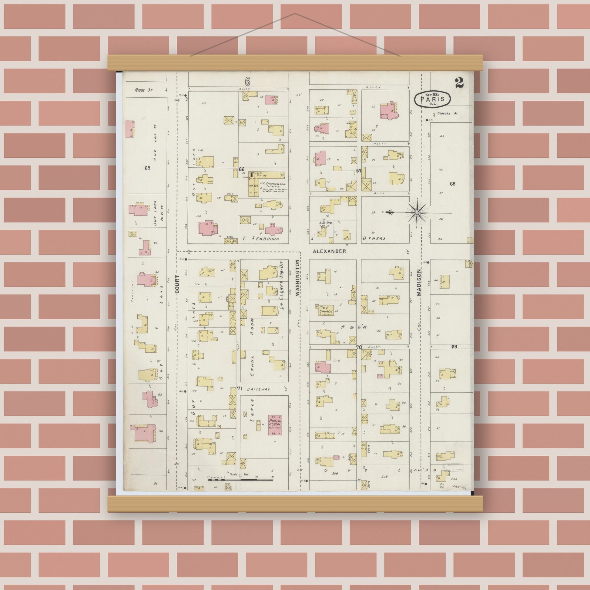 Old map wall art mockup — magnetic wood frame on brick wall — Sanborn Fire Insurance Map from Paris, Edgar County, Illinois (1895), Sheet #0002
