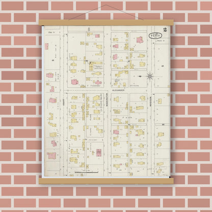 Old map wall art mockup — magnetic wood frame on brick wall — Sanborn Fire Insurance Map from Paris, Edgar County, Illinois (1895), Sheet #0002