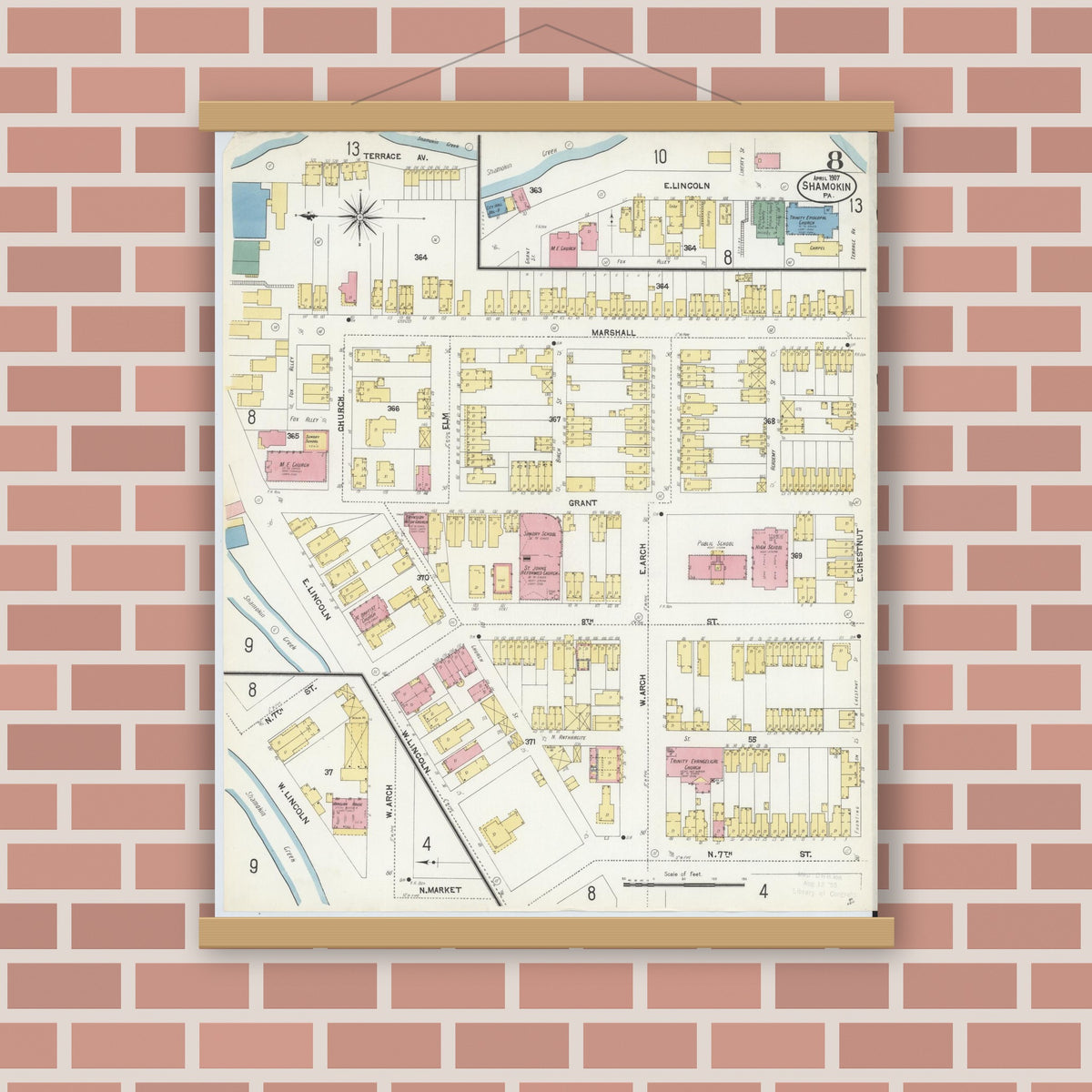 Old map wall art mockup — magnetic wood frame on brick wall — Sanborn Fire Insurance Map from Shamokin, Northumberland County, Pennsylvania (1907), Sheet #0008