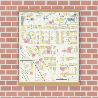 Old map wall art mockup — magnetic wood frame on brick wall — Sanborn Fire Insurance Map from Shamokin, Northumberland County, Pennsylvania (1907), Sheet #0008