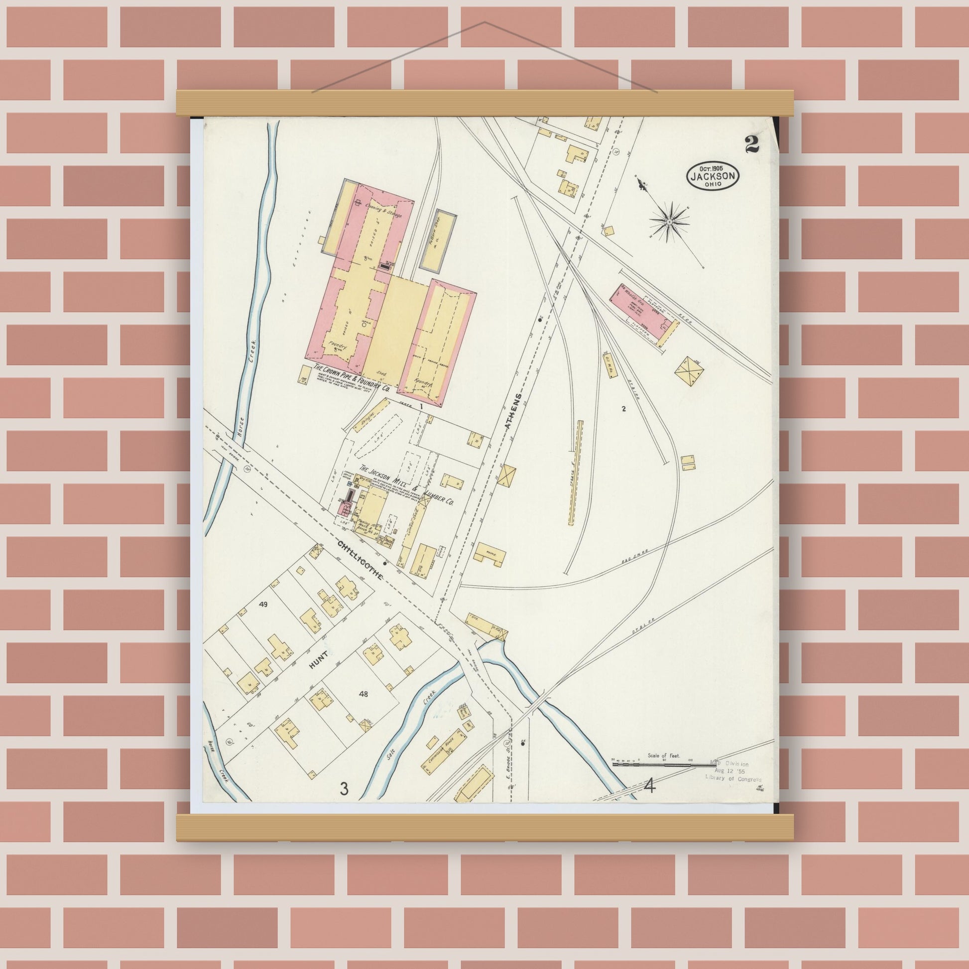 Old map wall art mockup — magnetic wood frame on brick wall — Sanborn Fire Insurance Map from Jackson, Jackson County, Ohio (1905), Sheet #0002