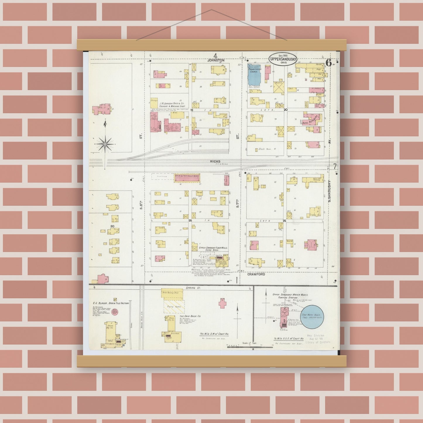 Old map wall art mockup — magnetic wood frame on brick wall — Sanborn Fire Insurance Map from Upper Sandusky, Wyandot County, Ohio (1902), Sheet #0006