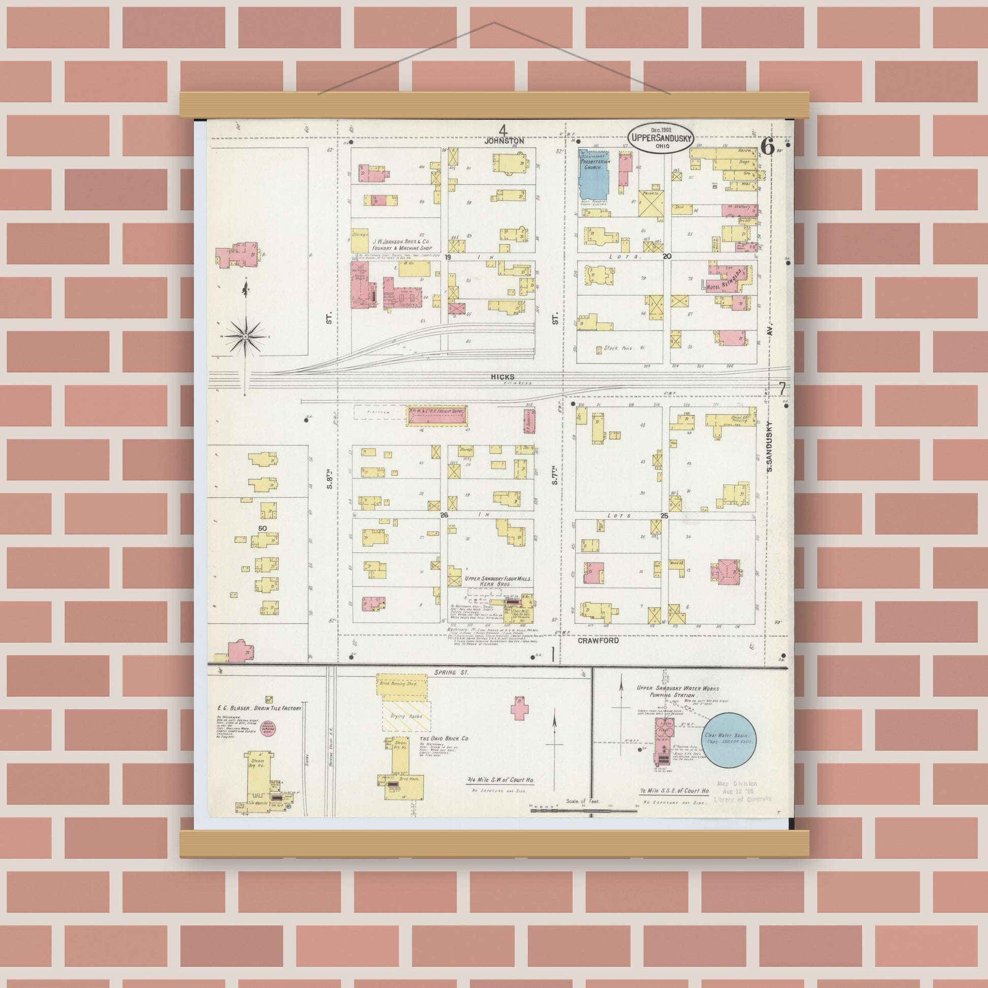 Old map wall art mockup — magnetic wood frame on brick wall — Sanborn Fire Insurance Map from Upper Sandusky, Wyandot County, Ohio (1902), Sheet #0006