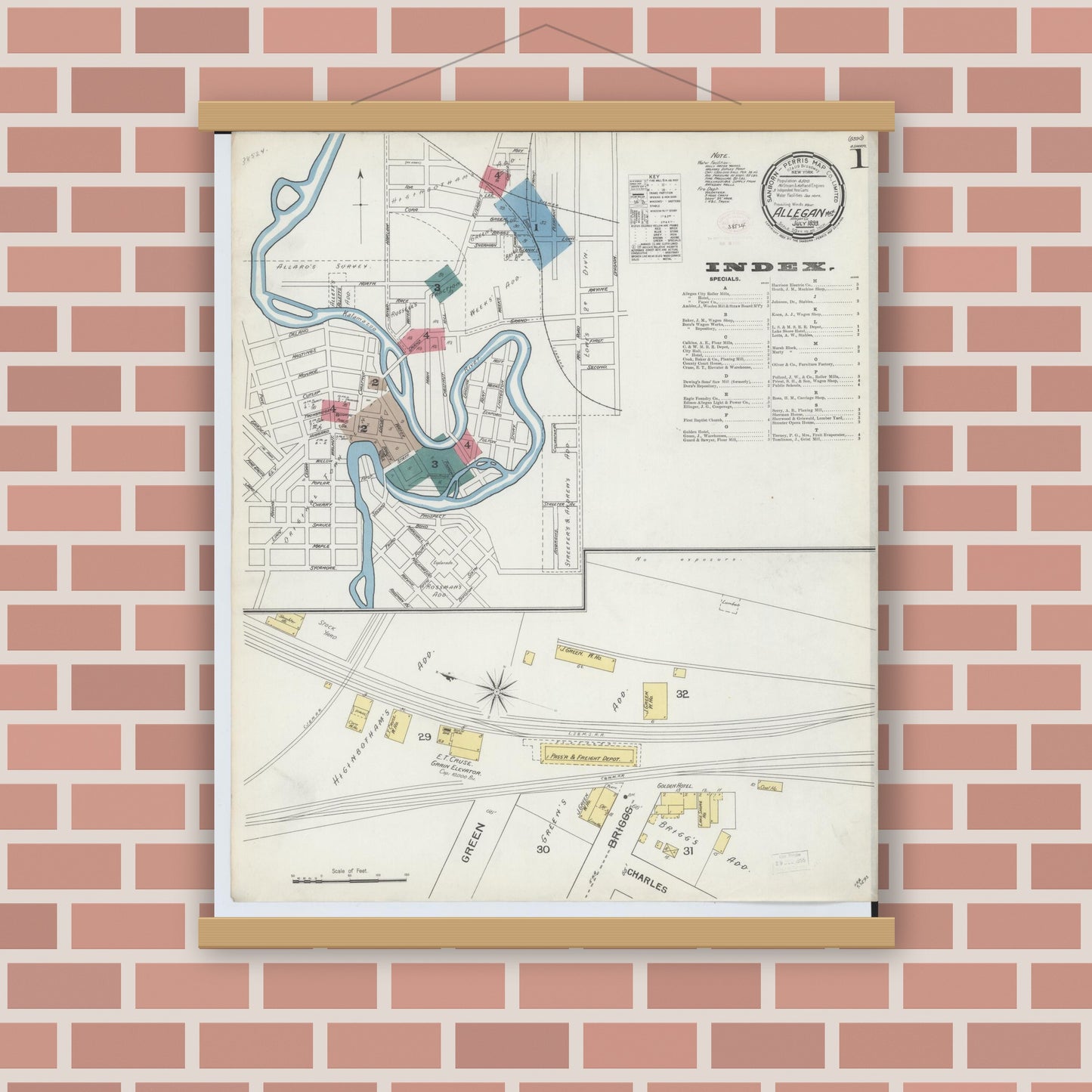 Old map wall art mockup — magnetic wood frame on brick wall — Sanborn Fire Insurance Map from Allegan, Allegan County, Michigan (1893) - Complete Map Set