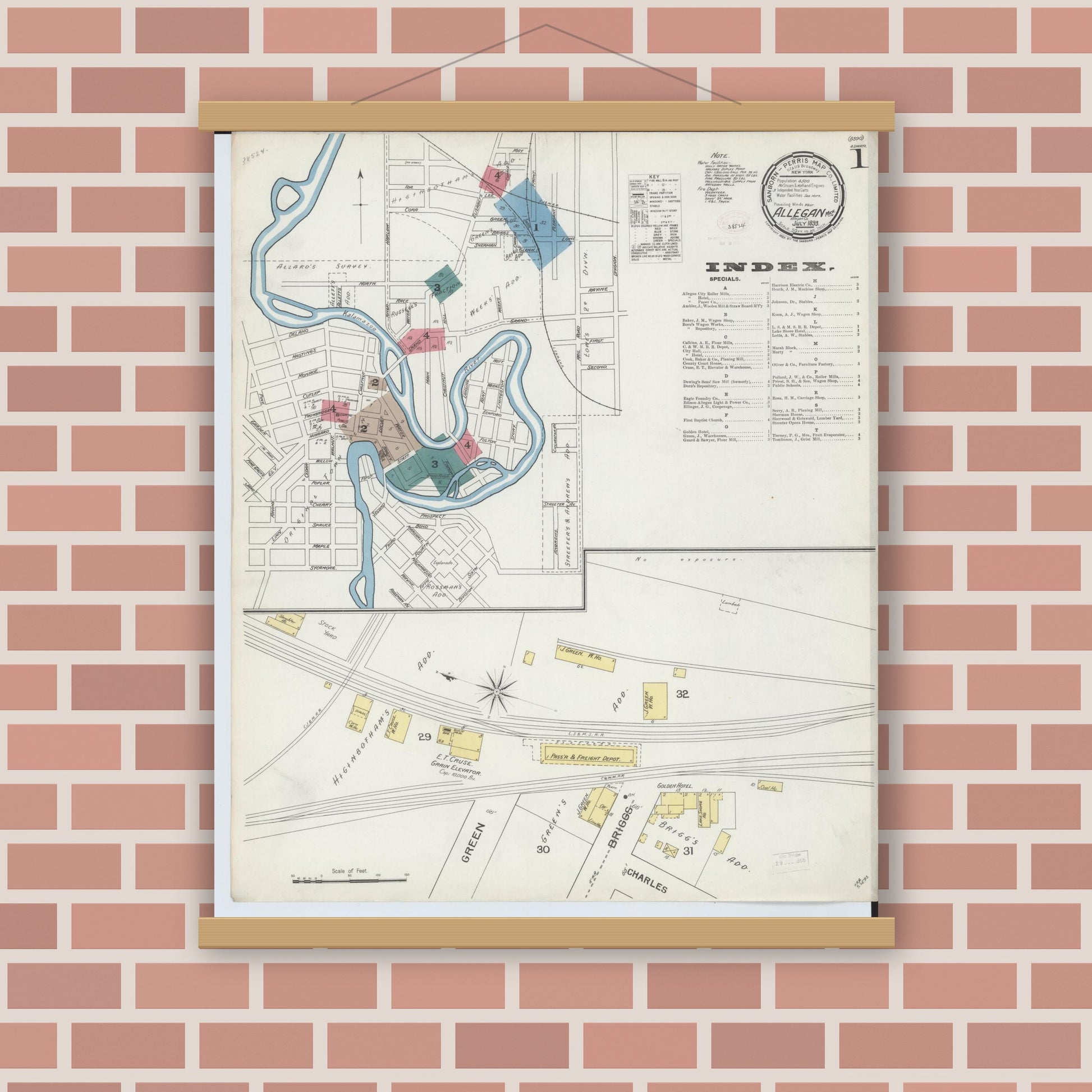 Old map wall art mockup — magnetic wood frame on brick wall — Sanborn Fire Insurance Map from Allegan, Allegan County, Michigan (1893) - Complete Map Set