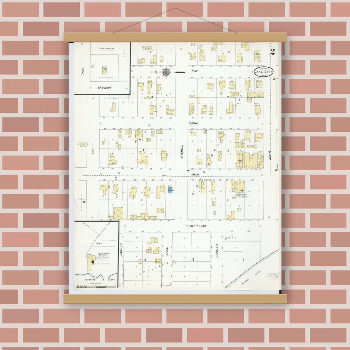 Old map wall art mockup — magnetic wood frame on brick wall — Sanborn Fire Insurance Map from Lake City, Missaukee County, Michigan (1910), Sheet #0002