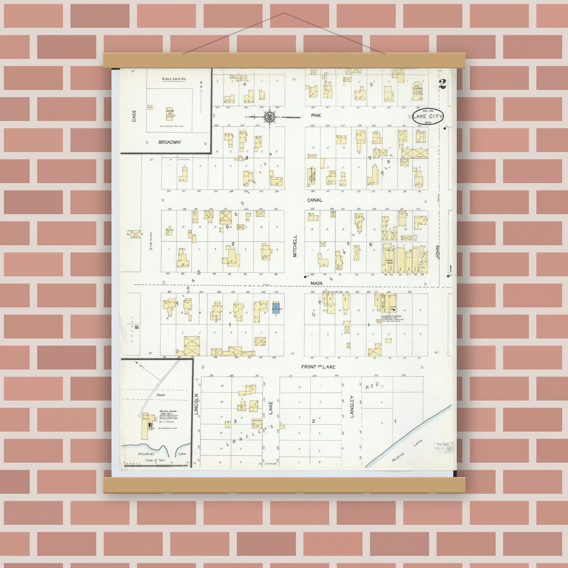 Old map wall art mockup — magnetic wood frame on brick wall — Sanborn Fire Insurance Map from Lake City, Missaukee County, Michigan (1910), Sheet #0002