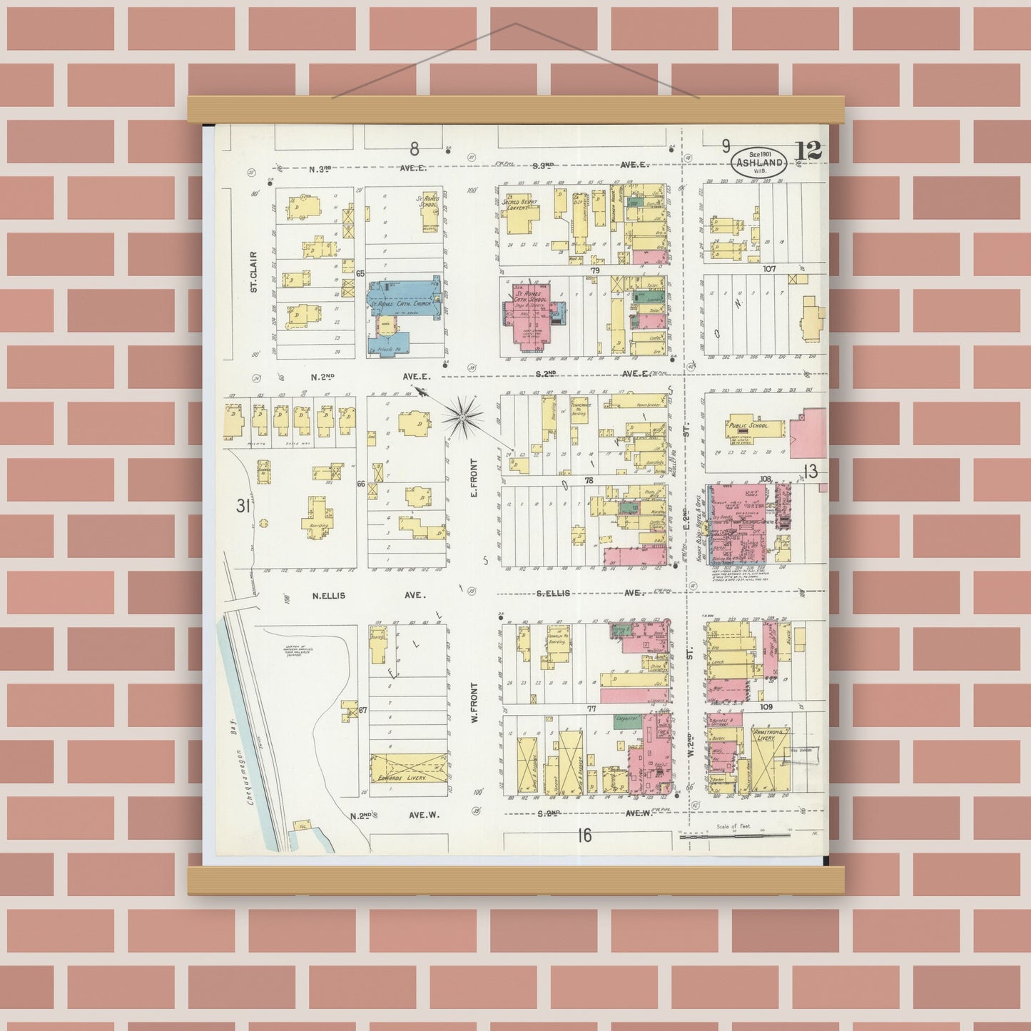 Old map wall art mockup — magnetic wood frame on brick wall — Sanborn Fire Insurance Map from Ashland, Ashland County, Wisconsin (1901), Sheet #0012