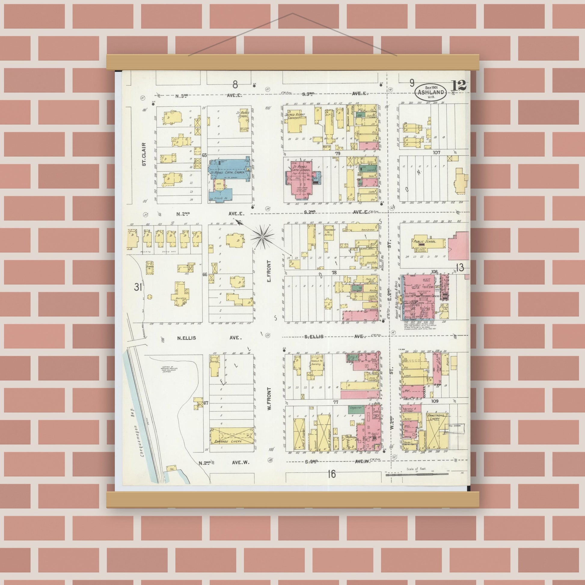 Old map wall art mockup — magnetic wood frame on brick wall — Sanborn Fire Insurance Map from Ashland, Ashland County, Wisconsin (1901), Sheet #0012