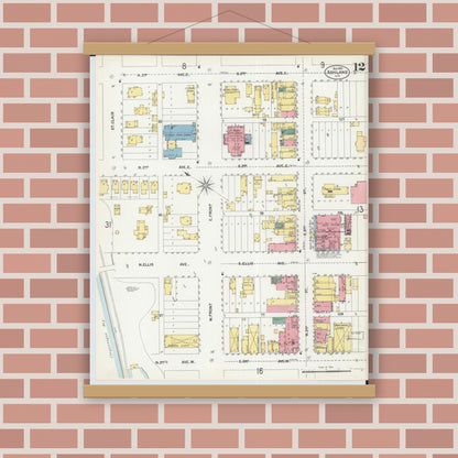Old map wall art mockup — magnetic wood frame on brick wall — Sanborn Fire Insurance Map from Ashland, Ashland County, Wisconsin (1901), Sheet #0012
