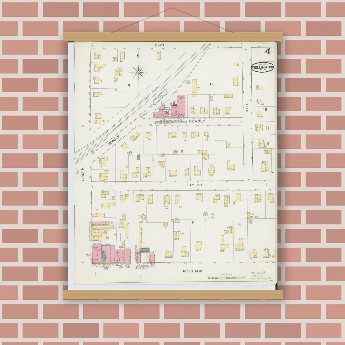 Old map wall art mockup — magnetic wood frame on brick wall — Sanborn Fire Insurance Map from Wellington, Lorain County, Ohio (1893), Sheet #0004