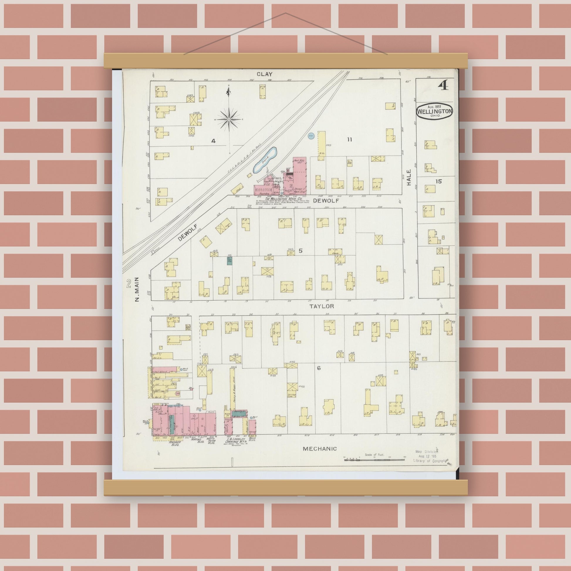 Old map wall art mockup — magnetic wood frame on brick wall — Sanborn Fire Insurance Map from Wellington, Lorain County, Ohio (1893), Sheet #0004