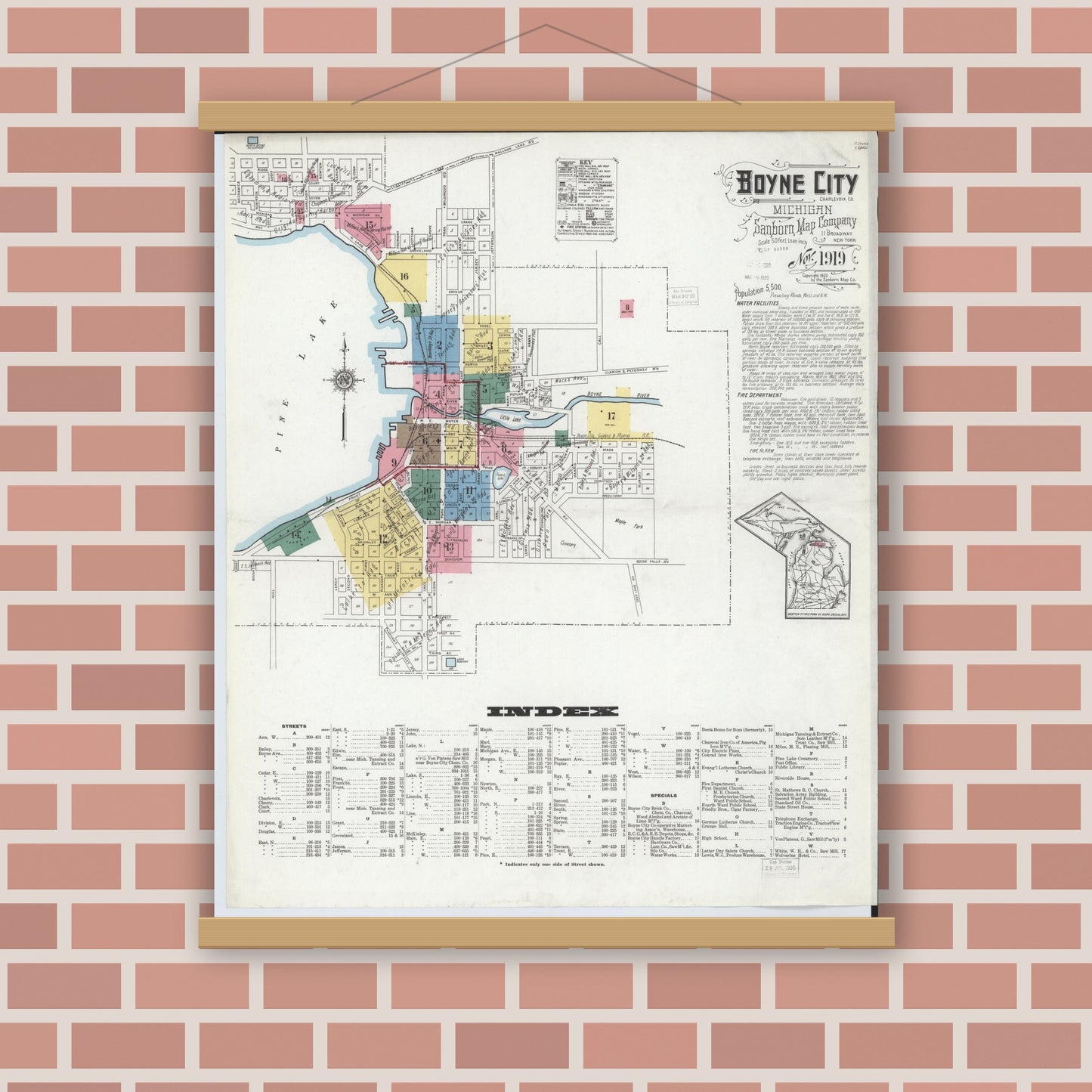 Old map wall art mockup — magnetic wood frame on brick wall — Sanborn Fire Insurance Map from Boyne City, Charlevoix County, Michigan (1919), Sheet #0001