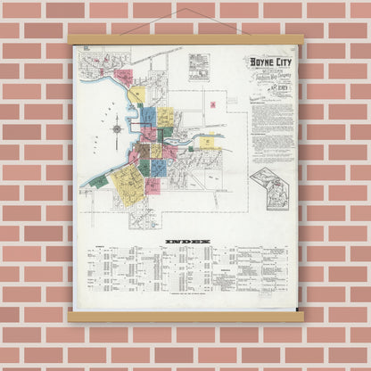 Old map wall art mockup — magnetic wood frame on brick wall — Sanborn Fire Insurance Map from Boyne City, Charlevoix County, Michigan (1919), Sheet #0001