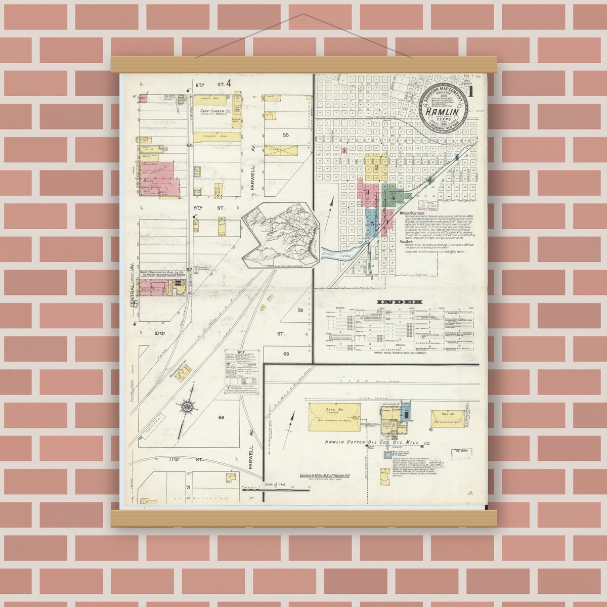 Old map wall art mockup — magnetic wood frame on brick wall — Sanborn Fire Insurance Map from Hamlin, Jones County, Texas (1913) - Complete Map Set