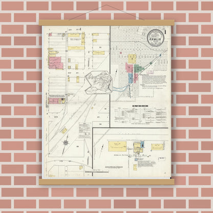 Old map wall art mockup — magnetic wood frame on brick wall — Sanborn Fire Insurance Map from Hamlin, Jones County, Texas (1913) - Complete Map Set