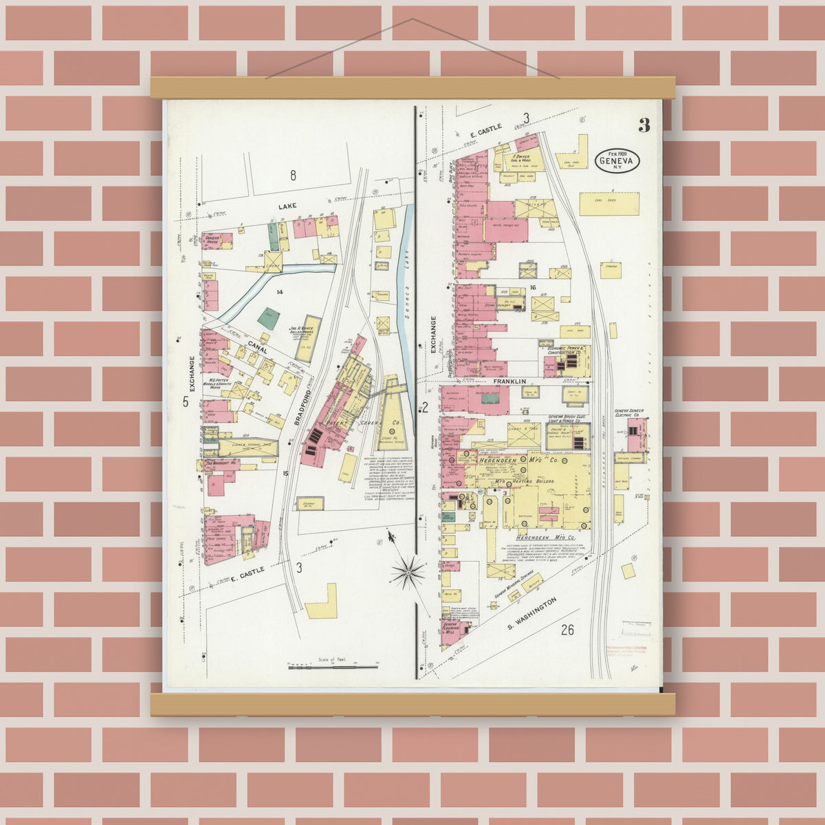 Old map wall art mockup — magnetic wood frame on brick wall — Sanborn Fire Insurance Map from Geneva, Ontario County, New York (1909), Sheet #0003