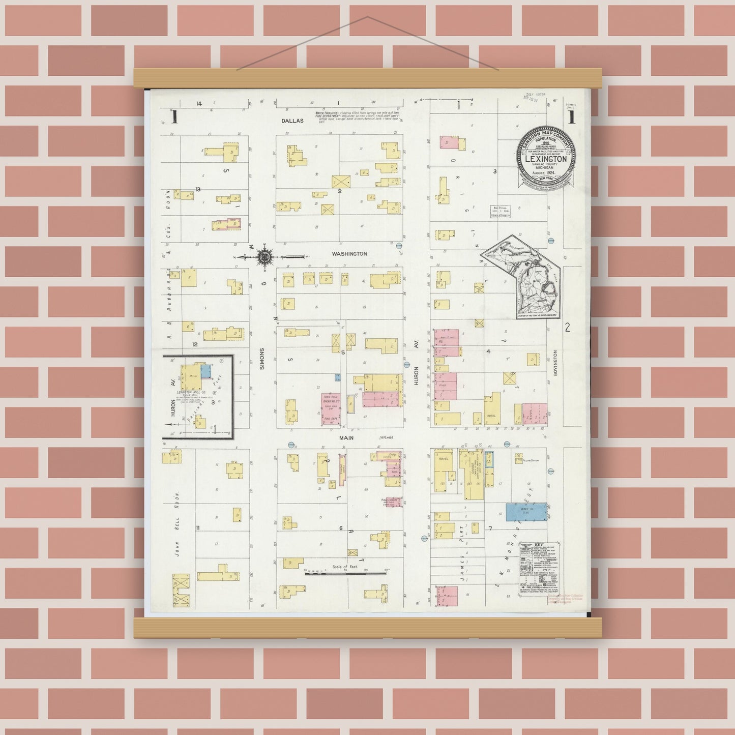 Old map wall art mockup — magnetic wood frame on brick wall — Sanborn Fire Insurance Map from Lexington, Sanilac County, Michigan (1924) - Complete Map Set