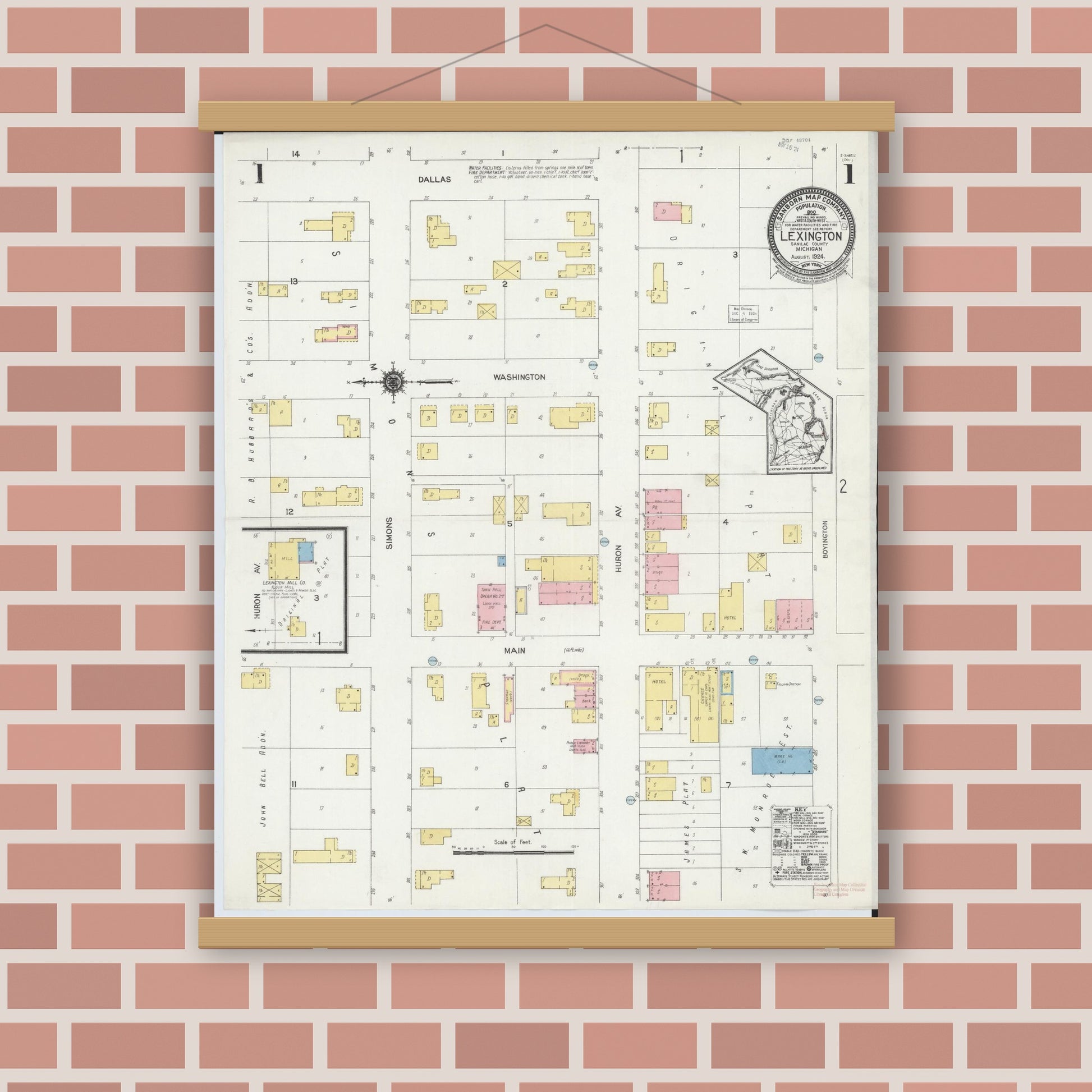 Old map wall art mockup — magnetic wood frame on brick wall — Sanborn Fire Insurance Map from Lexington, Sanilac County, Michigan (1924) - Complete Map Set