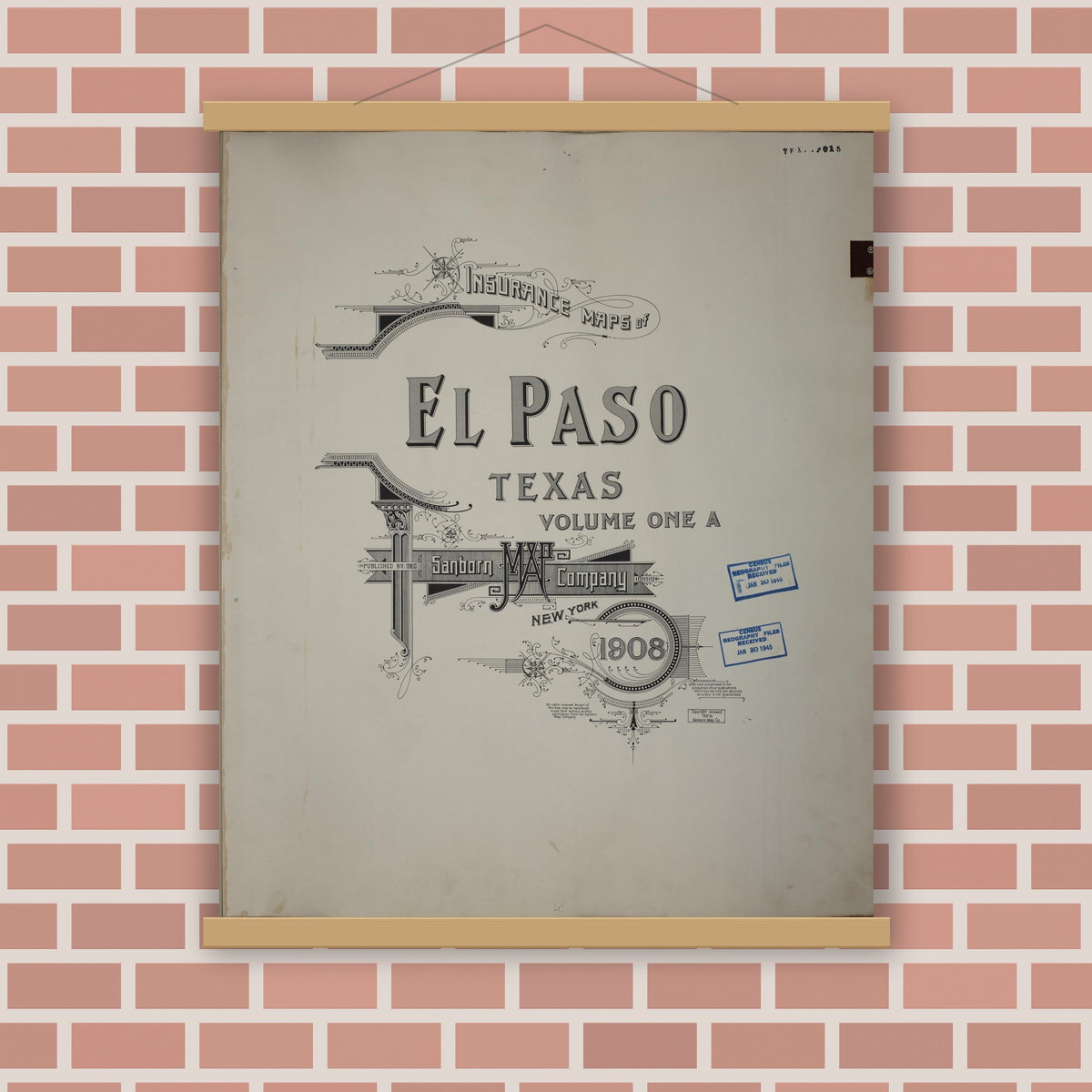 Old map wall art mockup — magnetic wood frame on brick wall — Sanborn Fire Insurance Map from El Paso, El Paso County, Texas (1952), Sheet #0001