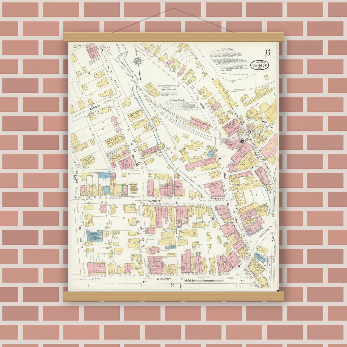 Old map wall art mockup — magnetic wood frame on brick wall — Sanborn Fire Insurance Map from Bangor, Northampton County, Pennsylvania (1912), Sheet #0006