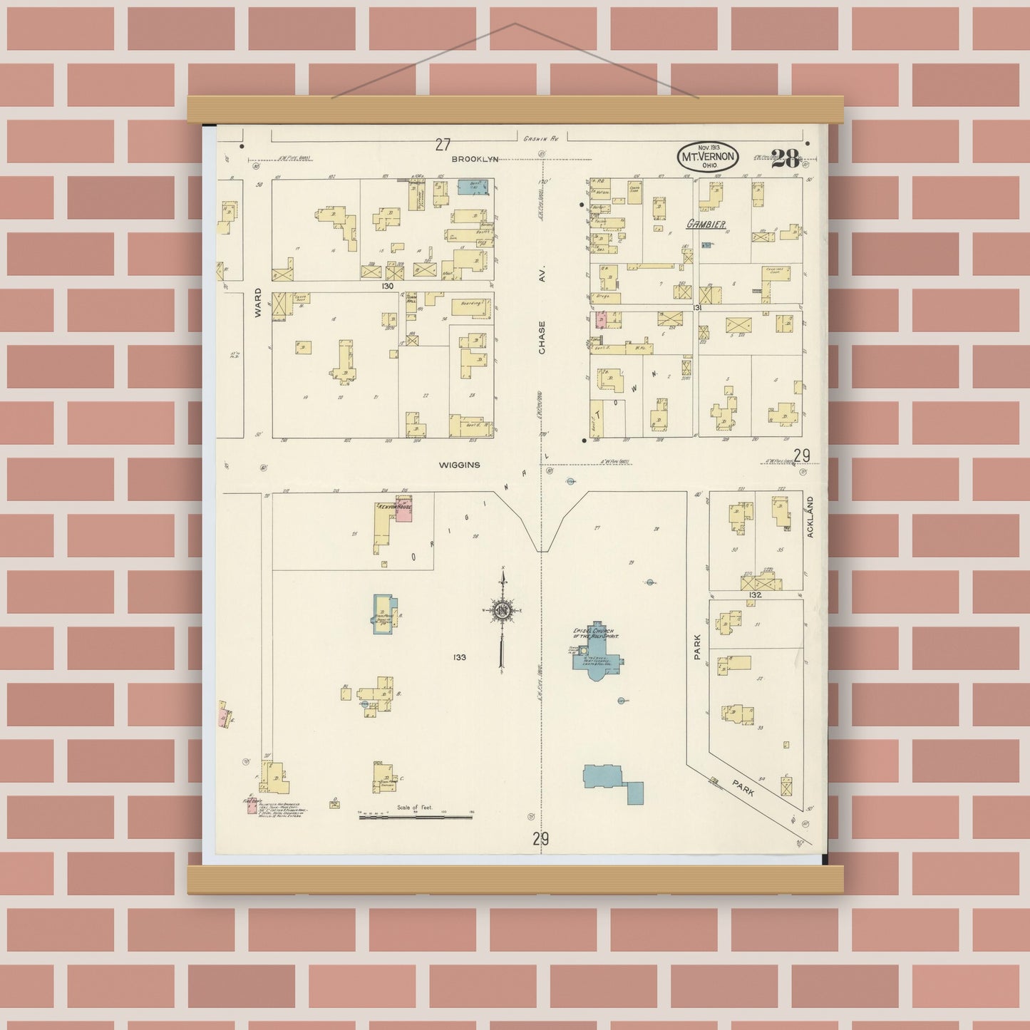 Old map wall art mockup — magnetic wood frame on brick wall — Sanborn Fire Insurance Map from Mount Vernon, Knox County, Ohio (1913), Sheet #0028