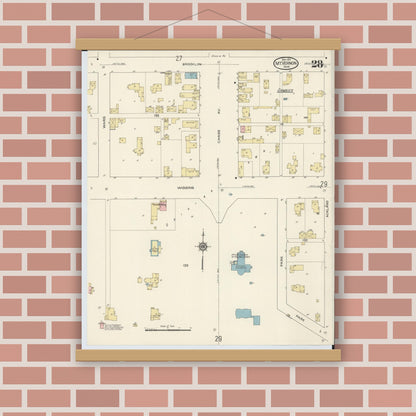 Old map wall art mockup — magnetic wood frame on brick wall — Sanborn Fire Insurance Map from Mount Vernon, Knox County, Ohio (1913), Sheet #0028