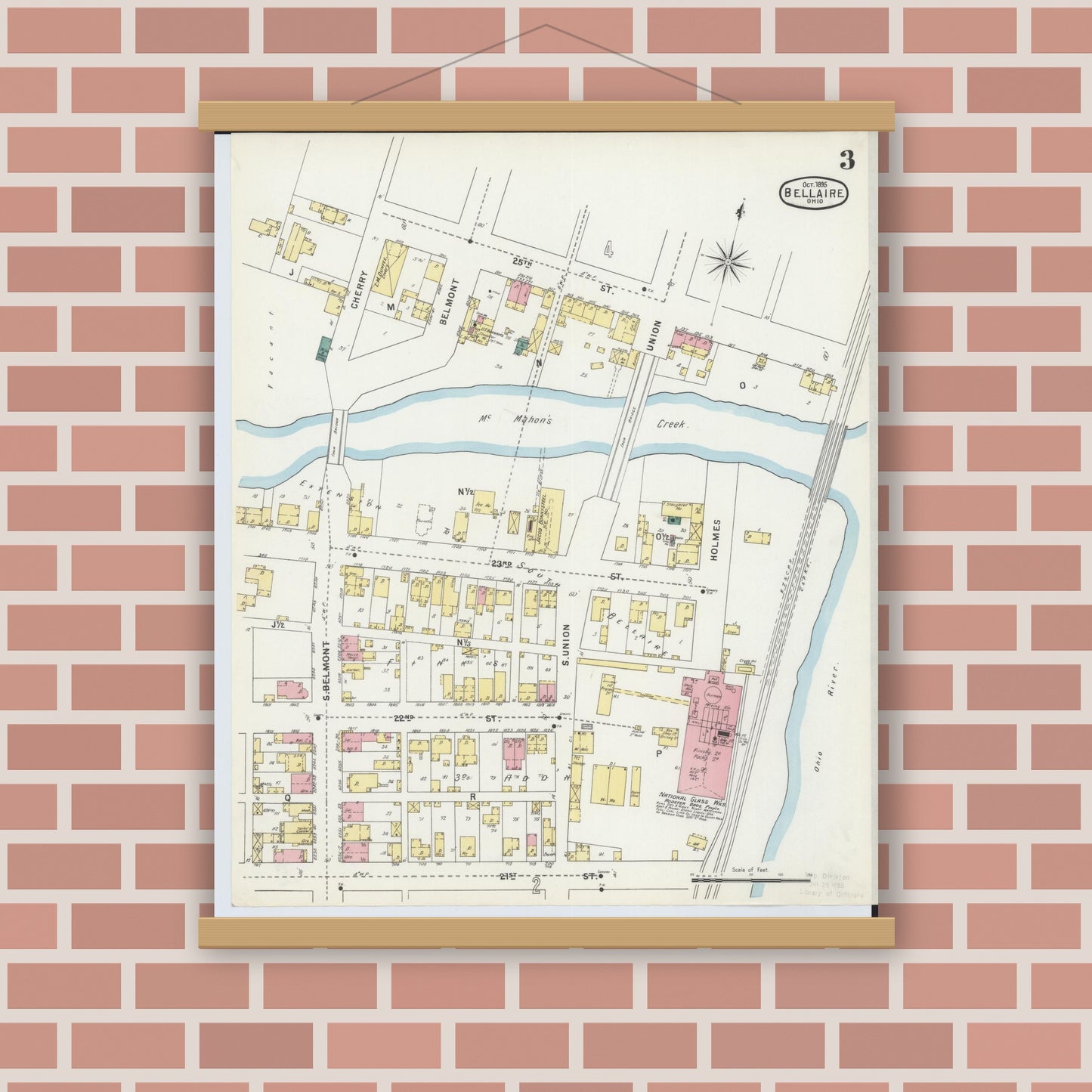 Old map wall art mockup — magnetic wood frame on brick wall — Sanborn Fire Insurance Map from Bellaire, Belmont County, Ohio (1895), Sheet #0003