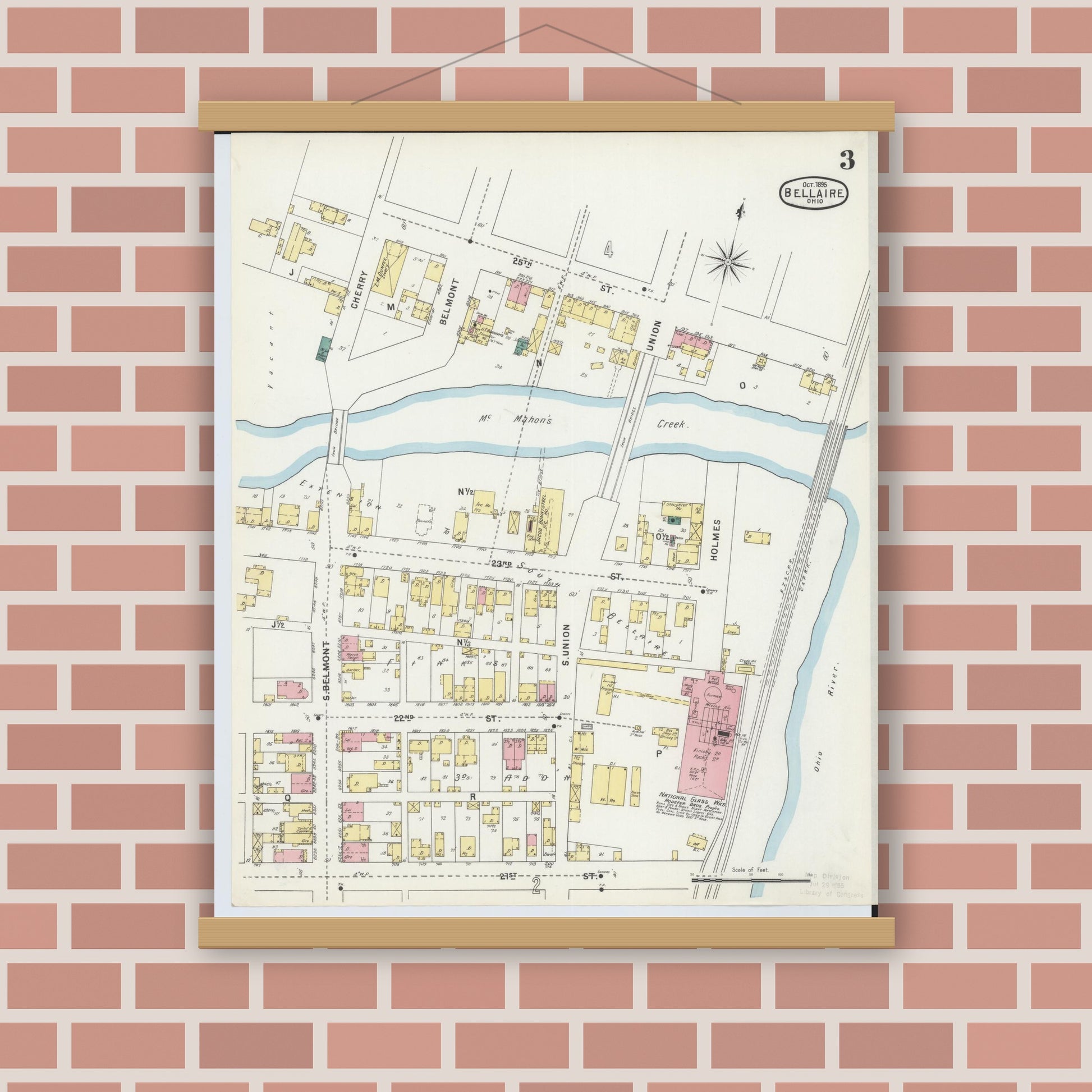 Old map wall art mockup — magnetic wood frame on brick wall — Sanborn Fire Insurance Map from Bellaire, Belmont County, Ohio (1895), Sheet #0003
