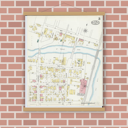 Old map wall art mockup — magnetic wood frame on brick wall — Sanborn Fire Insurance Map from Bellaire, Belmont County, Ohio (1895), Sheet #0003