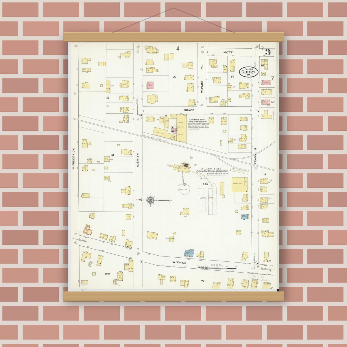 Old map wall art mockup — magnetic wood frame on brick wall — Sanborn Fire Insurance Map from Corry, Erie County, Pennsylvania (1909), Sheet #0003