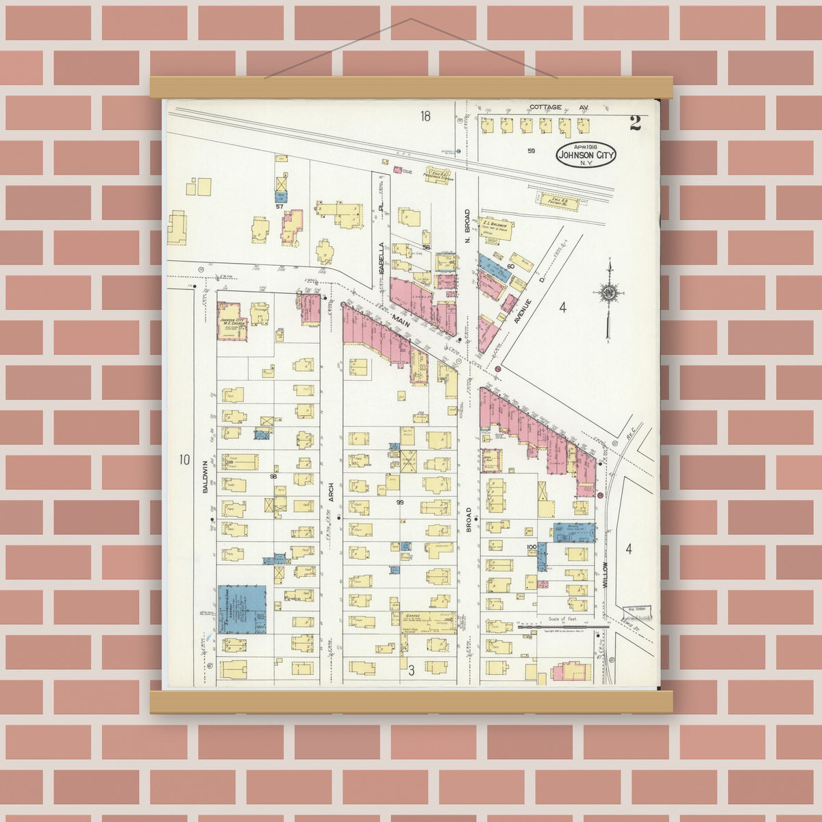 Old map wall art mockup — magnetic wood frame on brick wall — Sanborn Fire Insurance Map from Johnson City, Broome County, New York (1918), Sheet #0002