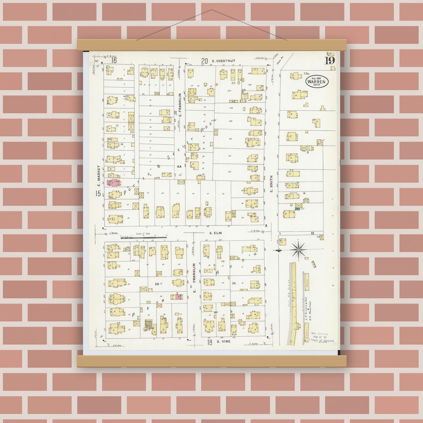 Old map wall art mockup — magnetic wood frame on brick wall — Sanborn Fire Insurance Map from Warren, Trumbull County, Ohio (1908), Sheet #0019