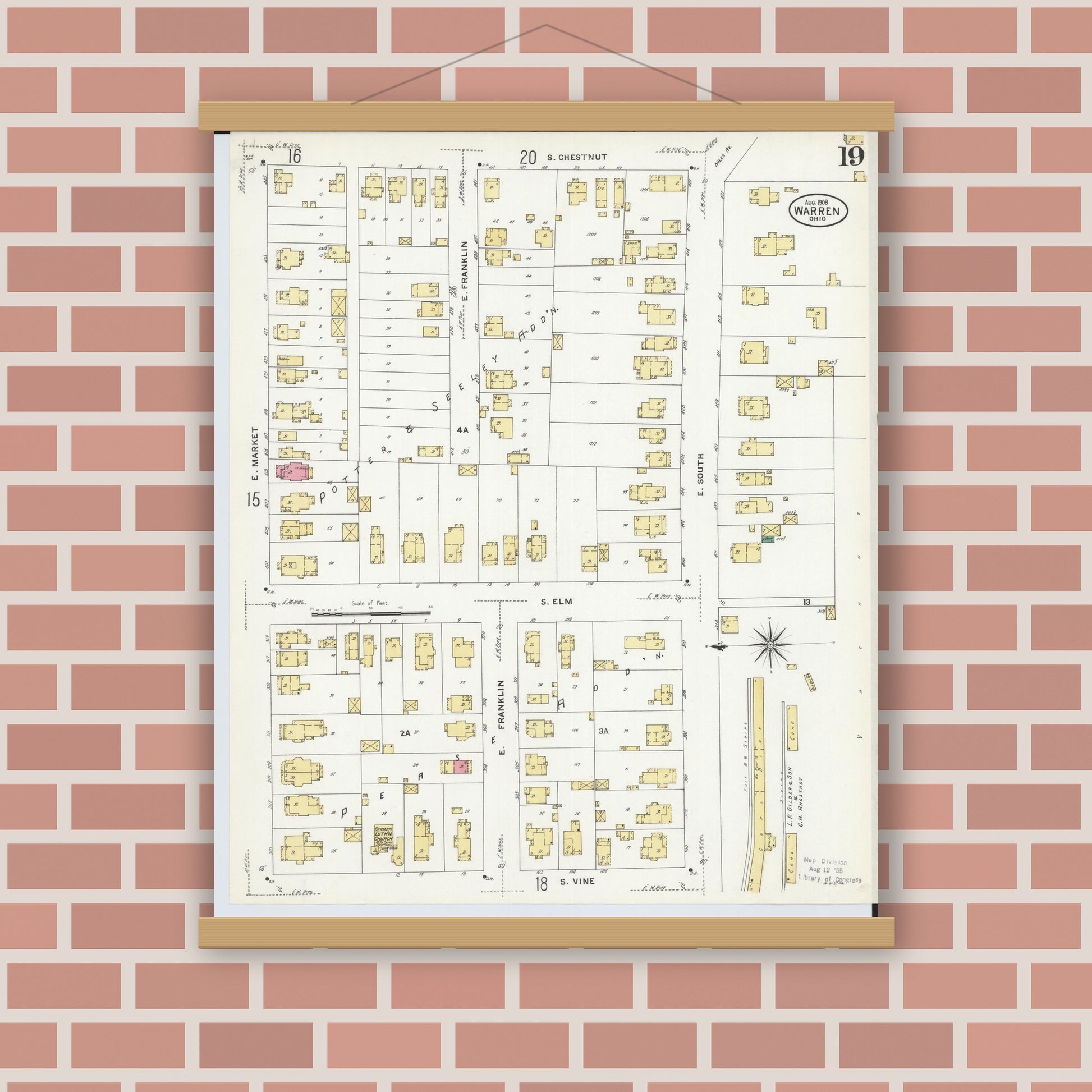 Old map wall art mockup — magnetic wood frame on brick wall — Sanborn Fire Insurance Map from Warren, Trumbull County, Ohio (1908), Sheet #0019