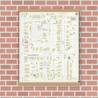 Old map wall art mockup — magnetic wood frame on brick wall — Sanborn Fire Insurance Map from Warren, Trumbull County, Ohio (1908), Sheet #0019