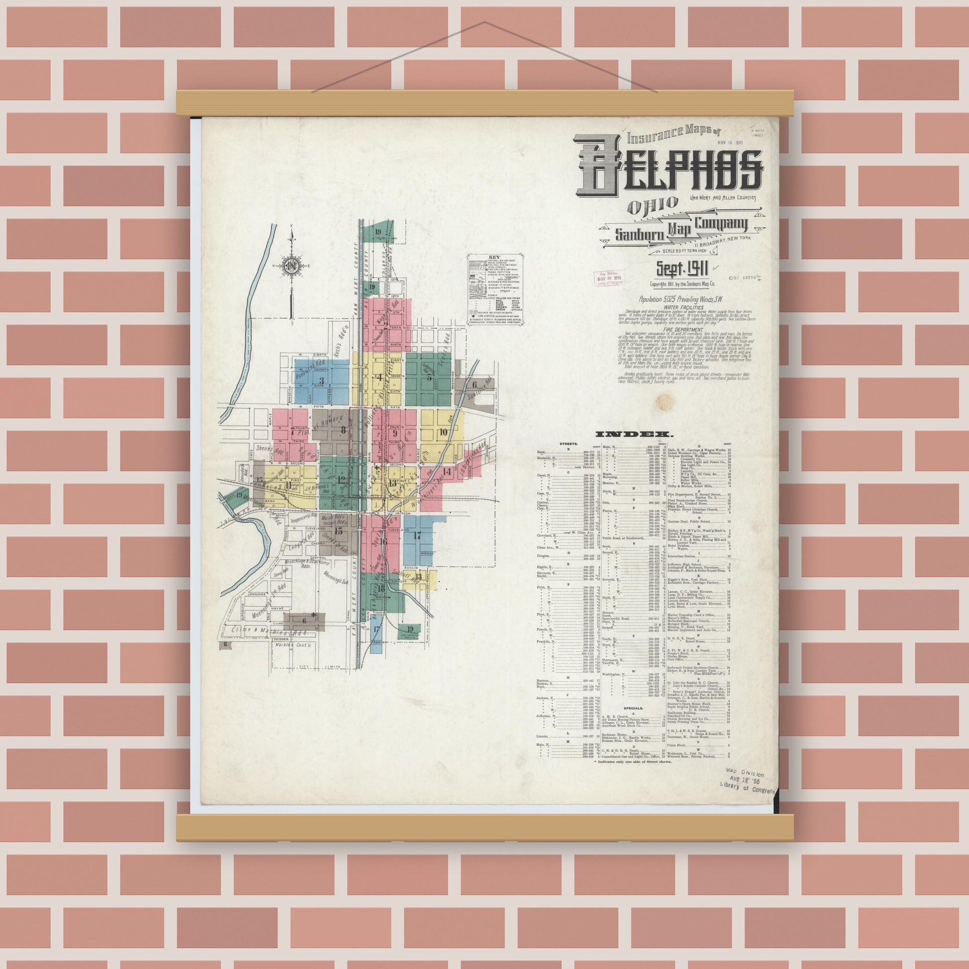 Old map wall art mockup — magnetic wood frame on brick wall — Sanborn Fire Insurance Map from Delphos, Van Wert And Allen Counties, Ohio (1911) - Complete Map Set