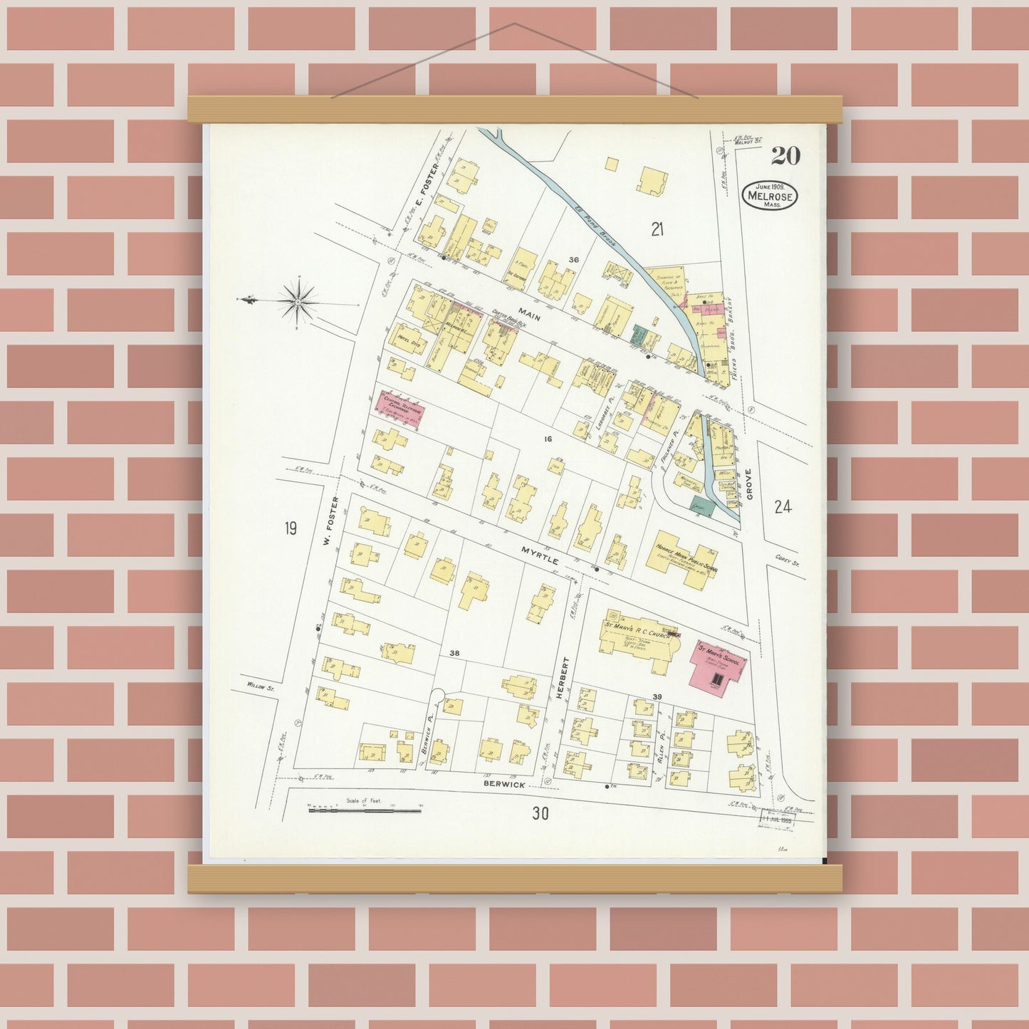 Old map wall art mockup — magnetic wood frame on brick wall — Sanborn Fire Insurance Map from Melrose, Middlesex County, Massachusetts (1909), Sheet #0020