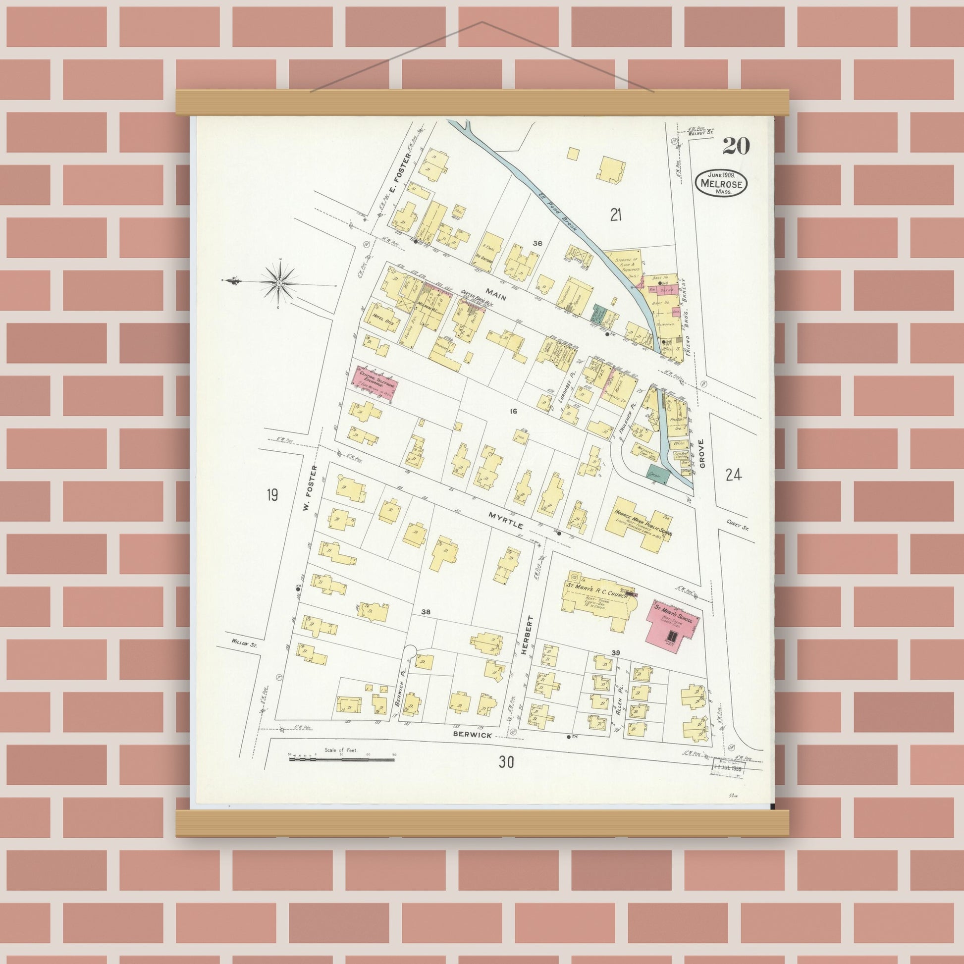 Old map wall art mockup — magnetic wood frame on brick wall — Sanborn Fire Insurance Map from Melrose, Middlesex County, Massachusetts (1909), Sheet #0020