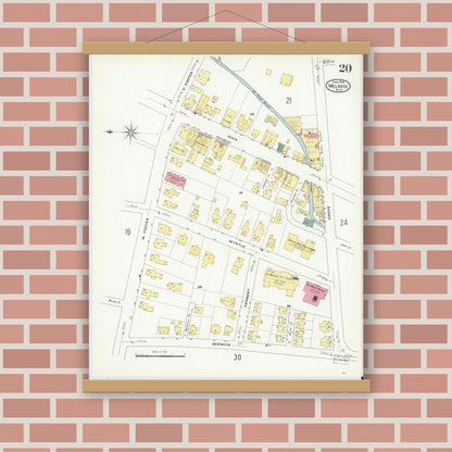 Old map wall art mockup — magnetic wood frame on brick wall — Sanborn Fire Insurance Map from Melrose, Middlesex County, Massachusetts (1909), Sheet #0020