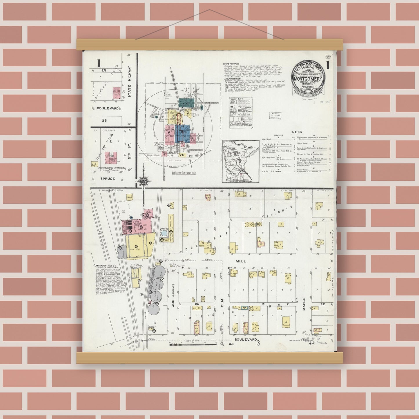 Old map wall art mockup — magnetic wood frame on brick wall — Sanborn Fire Insurance Map from Montgomery, Le Sueur County, Minnesota (1924), Sheet #0001