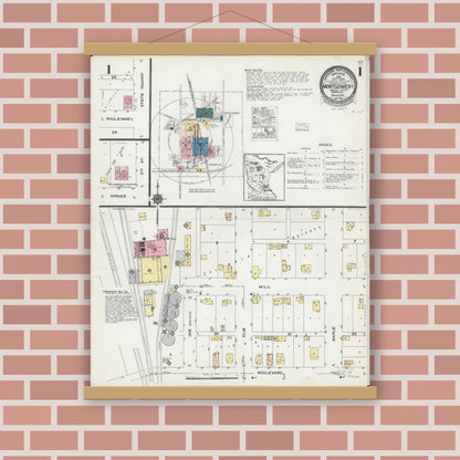 Old map wall art mockup — magnetic wood frame on brick wall — Sanborn Fire Insurance Map from Montgomery, Le Sueur County, Minnesota (1924), Sheet #0001