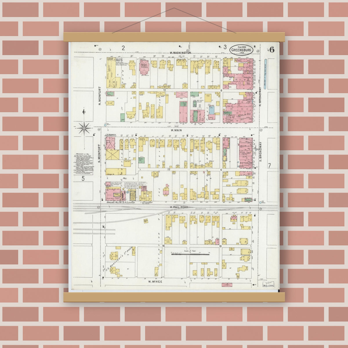 Old map wall art mockup — magnetic wood frame on brick wall — Sanborn Fire Insurance Map from Greensburg, Decatur County, Indiana (1899), Sheet #0006