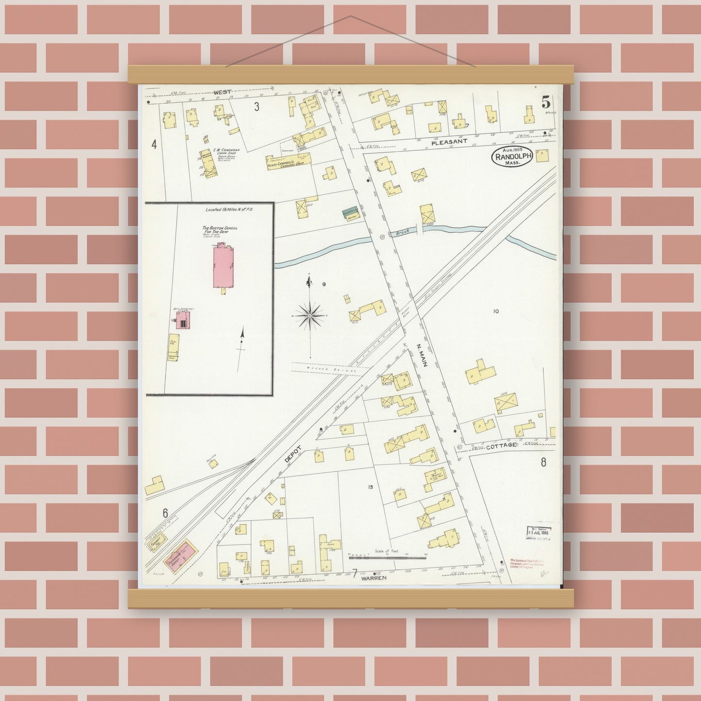 Old map wall art mockup — magnetic wood frame on brick wall — Sanborn Fire Insurance Map from Randolph, Norfolk County, Massachusetts (1909), Sheet #0005